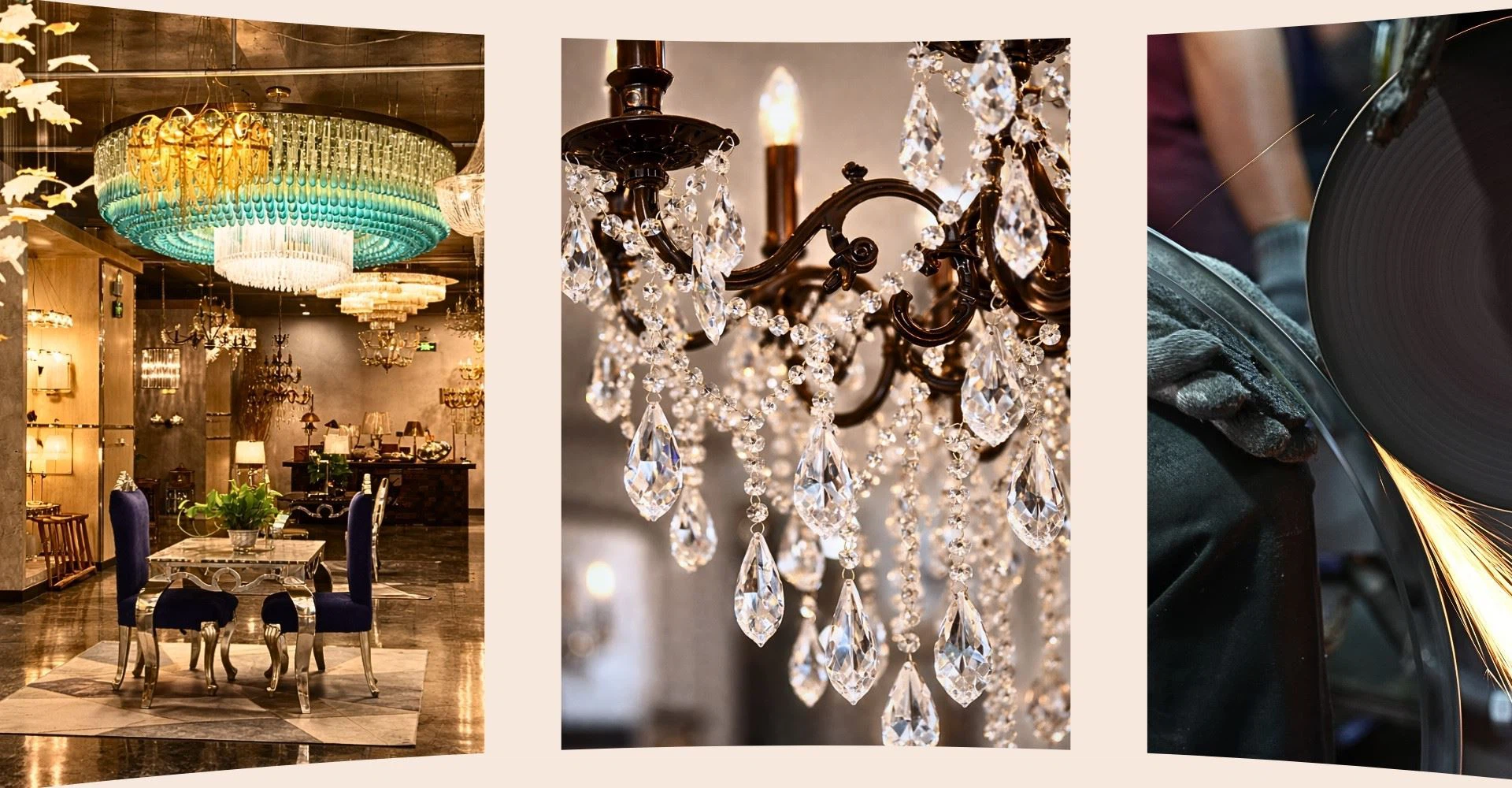 Luxury crystal chandelier showroom, clear crystal details, factory production, OEM ODM lighting