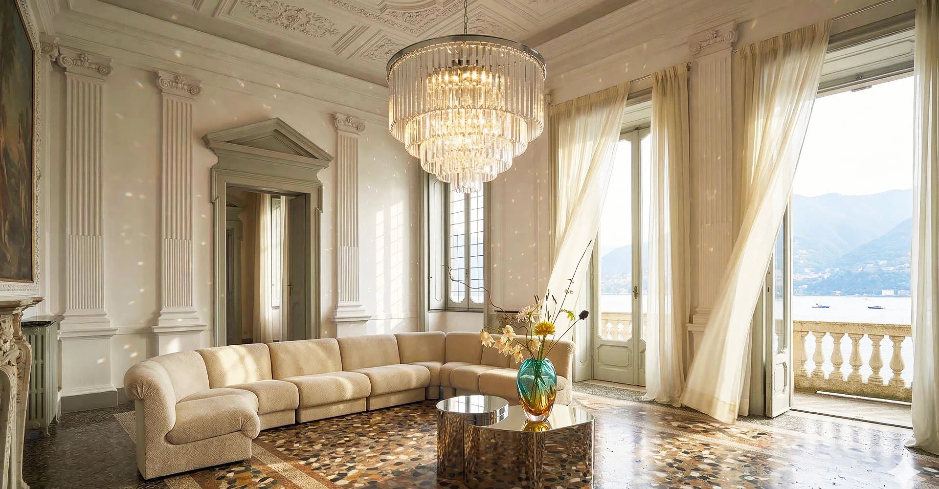Multi-layer crystal chandelier in villa